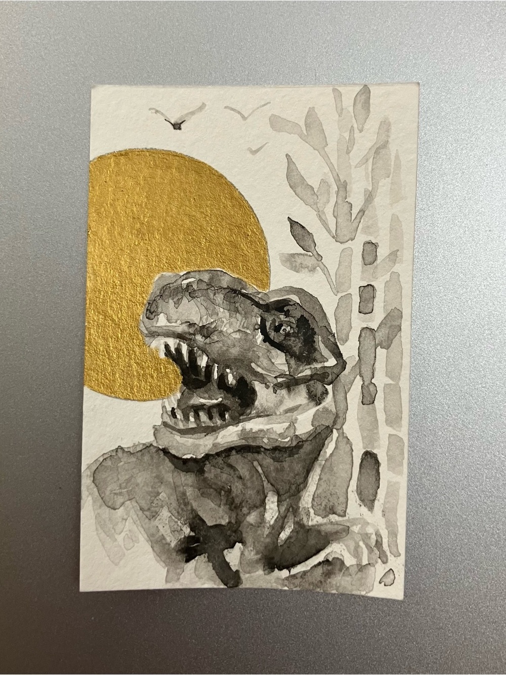 Original Trex dinosaur miniature realism painting sumi-e style art artEttina